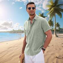 Camisas De Manga Corta con Botones para Hombre,Hombre Camisa Casual Manga Corta con Botones Ocultos,Adecuada para Playa,Trabajo,Cita. - Negro - Ver 2