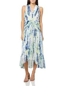 DKNY - Vestido de Manga Corta abombada hasta la Rodilla con Cierre Trasera expuesta - Iris Combo Nuevo - Ver 7