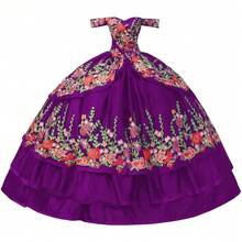 Vestidos de quinceañera con bordado floral con hombros descubiertos y temática mexicana, vestido de baile para mujer 2023 - Vino - Ver 13