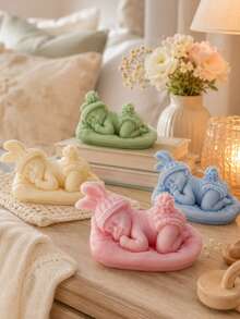 1 pieza Molde de vela de silicona 3D con bebé durmiente, molde de escultura de bebé recién nacido con gorro de punto y orejas de conejo, molde reutilizable para velas de aromaterapia DIY, jabón, resina epoxi, manualidades de yeso, regalo para baby shower, decoración del hogar y la guardería - Molde de silicona para bebé durmiendo - Ver 3