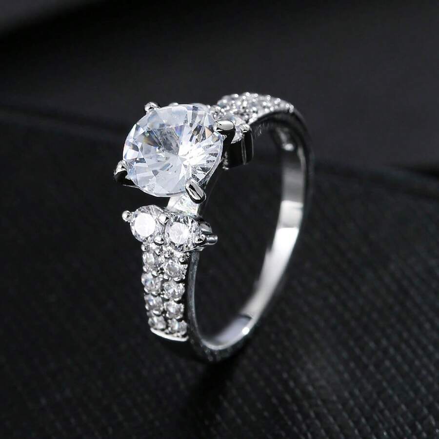 1件女款銀色圓形主石水鑽戒指，奢華閃耀裝飾戒圈，適合日常配戴、約會與派對的多功能珠寶 - 銀色 - 查看 1