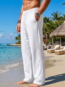 Men's White Linen Long Pants, Solid Color Casual Vacation Style, Men's Summer Gift, Casual Drawstring Design Pants - White - View 2