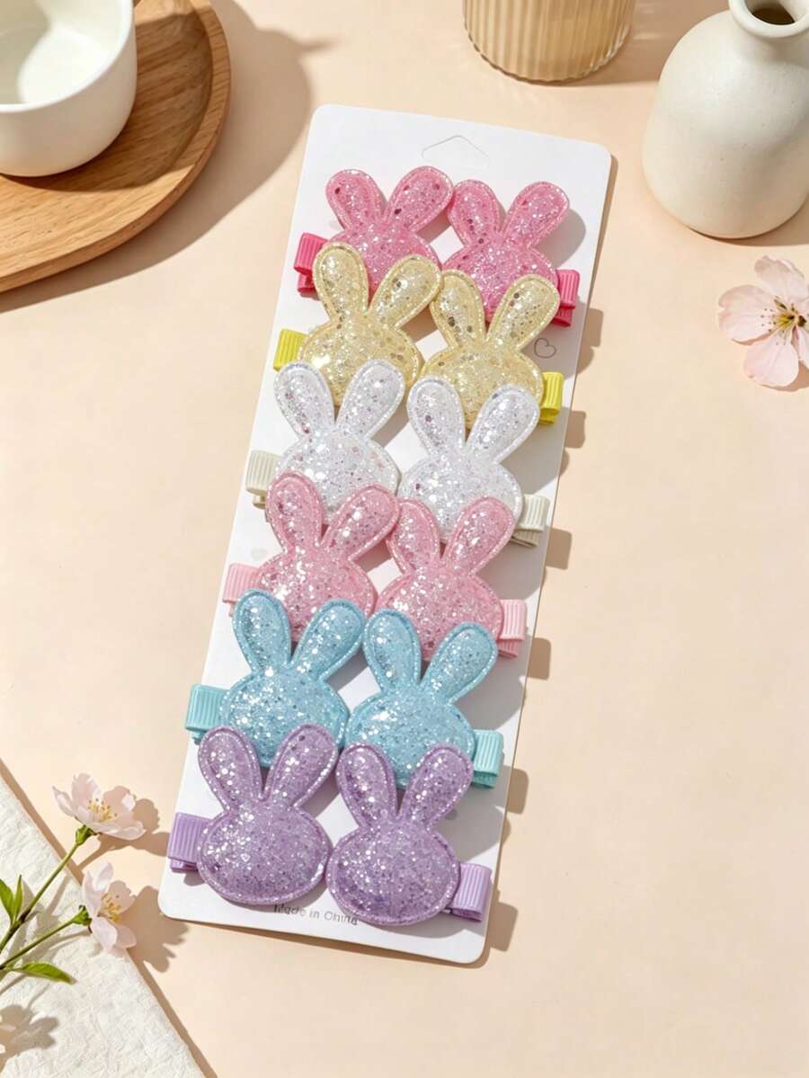 12pcs Baby Hair Clips, Cute Glitter Rabbit Head Design, Skin-Friendly Non-Snag Fabric-Wrapped Clips, Suitable For All Seasons, Daily Home Leisure, Holiday Party Celebration Gift, Fashionable Mom & Baby Essential, Perfect For Baby Photo Shoots - Multicolor - View 1