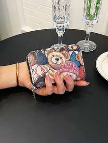 Women's Cartoon Accordion Zipper Card Holder With Bear Embroidery, Multi-Slot Coin & Card Wallet - Black - View 1