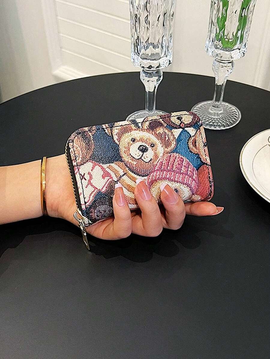Women's Cartoon Accordion Zipper Card Holder With Bear Embroidery, Multi-Slot Coin & Card Wallet - Black - View 1
