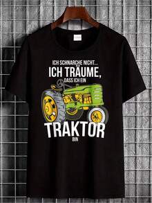 Schwarzes T-Shirt mit Traktordesign und deutschen Worten, die besagen: "Ich spreche nicht, ich träume davon, ein Traktor für Landwirtschaft und alltägliche Nutzung zu werden." - Schwarz - Übersicht 1