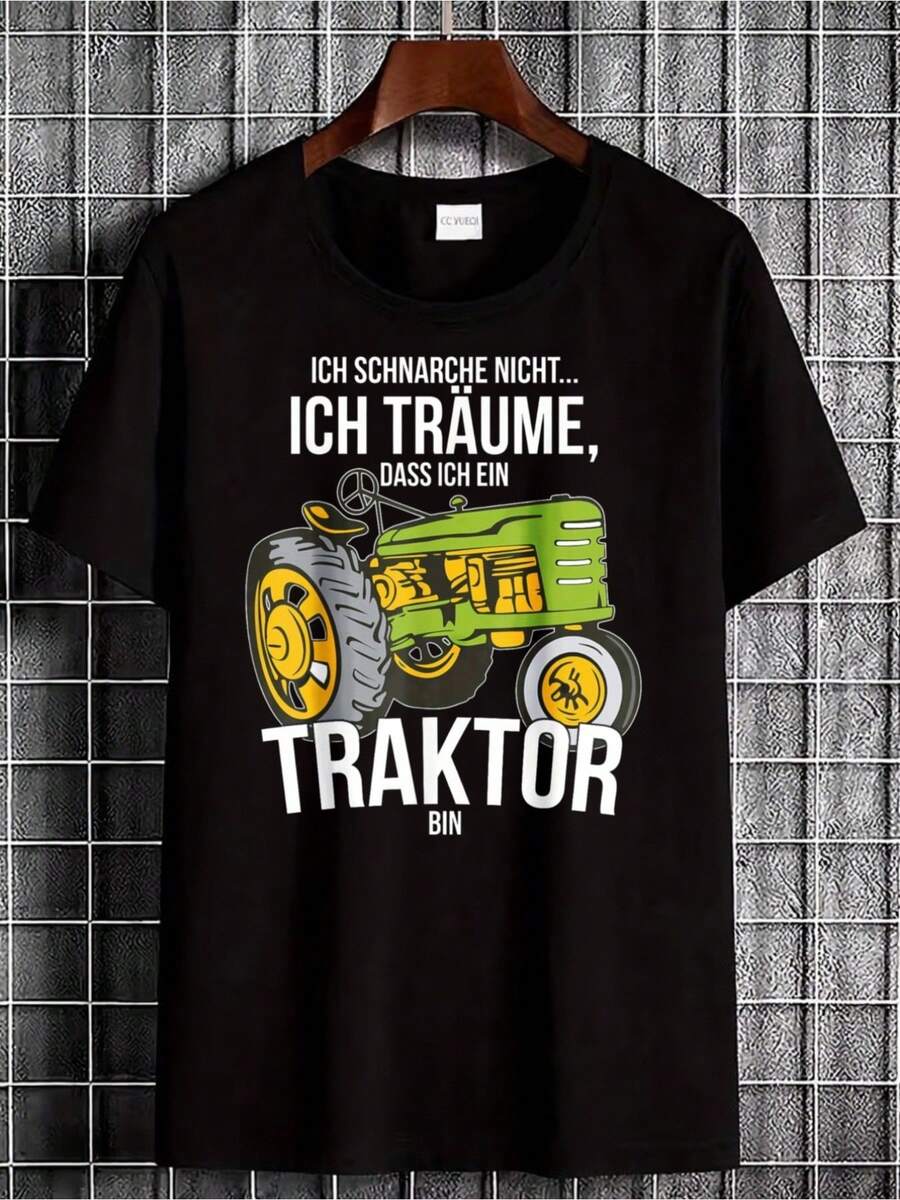 Schwarzes T-Shirt mit Traktordesign und deutschen Worten, die besagen: "Ich spreche nicht, ich träume davon, ein Traktor für Landwirtschaft und alltägliche Nutzung zu werden." - Schwarz - Übersicht 1
