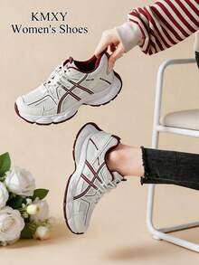 Baskets Épais à semelle épaisse pour femmes KMXY, printemps/automne, chaussures décontractées à talon compensé bas en maille respirante, légères et polyvalentes, à lacets, coloris blanc/gris/blanc, chaussures de sport et de course toutes saisons - Rouge - Voir 4