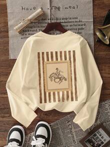 Tween Girl 1pc Printed Long Sleeve T-Shirt, Suitable For Girls' Autumn/Winter Top, Young Student Children's Clothing, Suitable For Outerwear And Layering - Apricot - View 3