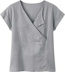 JOAU - Camisetas de algodón y lino para mujer, estilo casual, manga corta, cuello en V, holgadas, ligeras, de gasa - Gris - Ver 5