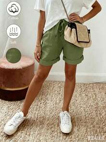 Pantalones cortos de verano de mujer de lino casual con cordón y dobladillo enrollado, con tela de textura de lino, diseño de cintura elástica con cordón y detalles de dobladillo e - verde claro - Ver 2