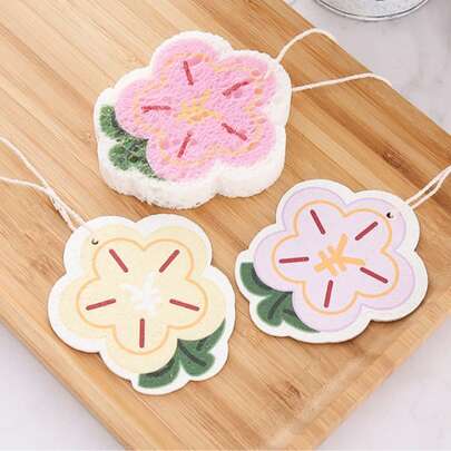 Spons Serat Kayu Terkompresi Motif Bunga Kartun Lucu, Kain Lap Dapur Tebal, Dapat Digunakan Kembali, Tidak Menggores Panci dan Mangkuk, Perlengkapan Pembersih Rumah Tangga