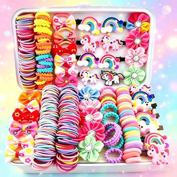 175pcs/Set Colorful Flower Cartoon Hair Clip Set, Rhinestone Flower Hair Clips, Multi-Color Cute Elastic Hair Ties, Cartoon Hair Clip Set Combination, Suitable For Girls Daily Wear, Outdoor, Birthday, School Use, Versatile Hair Accessories