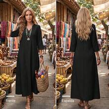 Genérico Vestido Largo de Lino de Algodón para Mujer,Manga 3/4,Vestido de Moda con Cremallera Trasera,Vestidos Largo Casual,para Playa,Invitado - Blanco - Ver 4