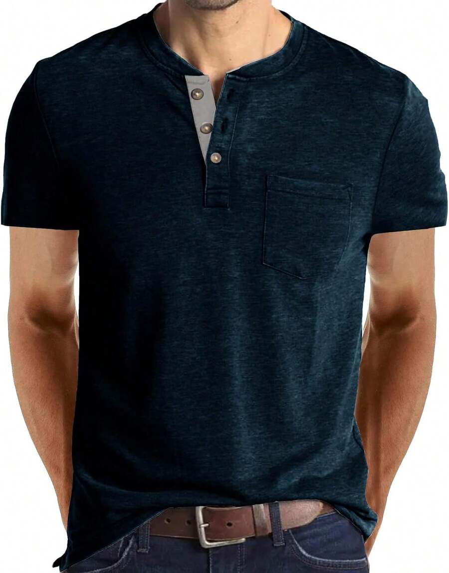 YOUTHGO Camiseta Henley Casual para Hombre Playera de Solapa Frontal de Manga Corta con Botones - vino tinto (manga largo) - Ver 1