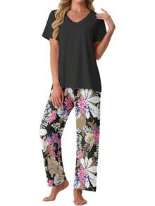 PrinStory - Conjunto de pijama suave de 2 piezas para mujer, conjunto de pijama casual de manga corta con bolsillos - Cuadros marrones y blancos - Ver 29