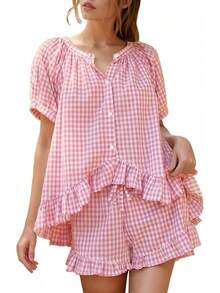 Flygo - Conjunto de pijama de cuadros para mujer, 2 piezas, de algodón, manga abombada, con volantes, conjunto de pijama de verano - Sandía - Ver 22
