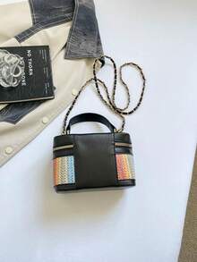 Bolso pequeño cuadrado con patrón tejido de colores contrastantes para mujer, nuevo 2026, estilo vintage, caja de maquillaje de mano, mini bolso bandolera con cadena - Negro - Ver 8