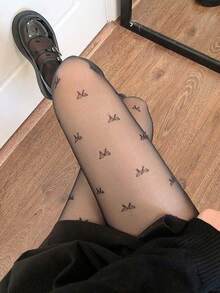 1雙女款性感超薄褲襪，蝴蝶結、愛心、波點圖案設計，時尚黑色緊身褲，百搭修身打底褲，輕量保暖層，適合日常穿著 - 彩色 - 查看 18