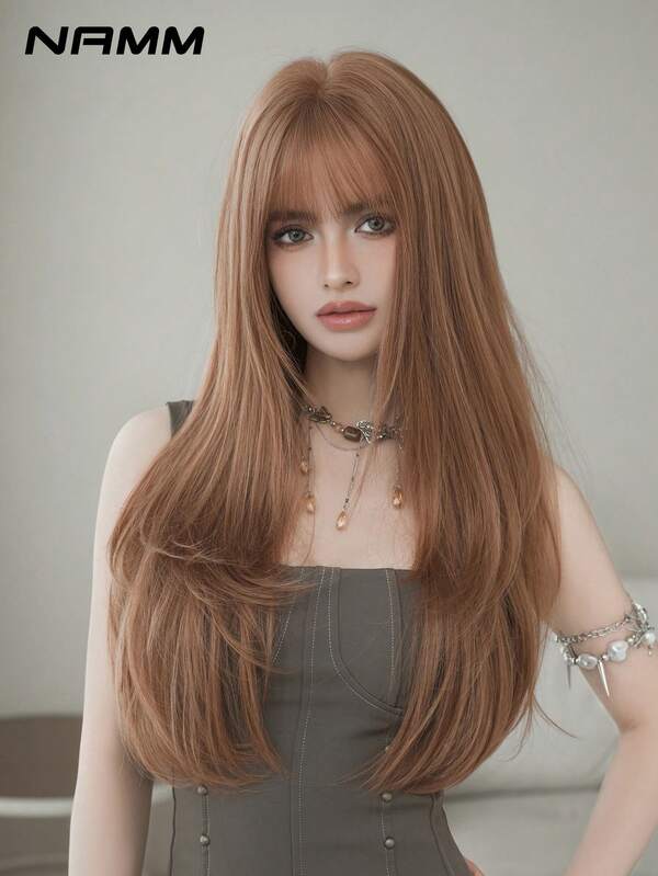 NAMM 24 Inch Brown Long Layered Striaght Wigs For Women Fashion Straight Wigs With Bangs, High Quality Synthetic Fiber Hair, Y2K Style Witch Costume Wigs For Girls Cosplay Wear - Theme Parties Use (Social Media Photo Sharing )