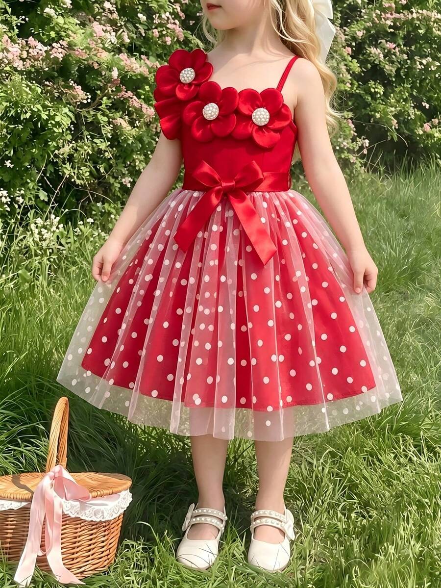 Girls' 3D Flower Decor Asymmetric Shoulder Dress With Spaghetti Straps, Asymmetrical Frill Trim, Pearl Design, Mesh & Polka Dot Patchwork Skirt, Sweet Princess Style - Red - View 1