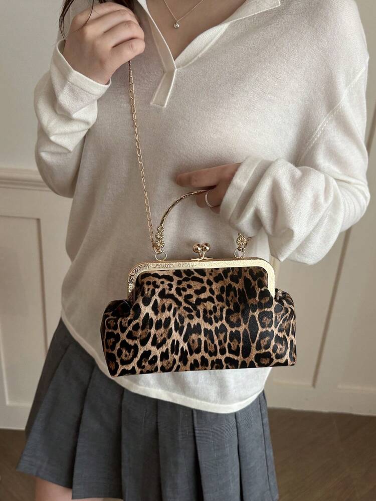 Leopard Print Fashion Clasp Women's Handbag, Elegant Tote Bag For Party And Shopping, Random Pattern Placement - Brown - View 5