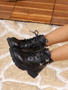 Girls' Black Lace-Up Combat Boots With Metal Butterfly Decor, Side Zipper, Non-Slip Thick Sole, Fashion Ankle Boots For Autumn Outdoor And Daily Wear - Black - View 1