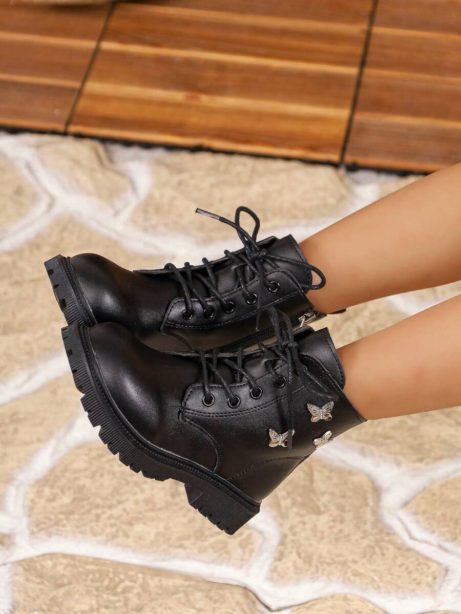 Girls' Black Lace-Up Combat Boots With Metal Butterfly Decor, Side Zipper, Non-Slip Thick Sole, Fashion Ankle Boots For Autumn Outdoor And Daily Wear - Black - View 1