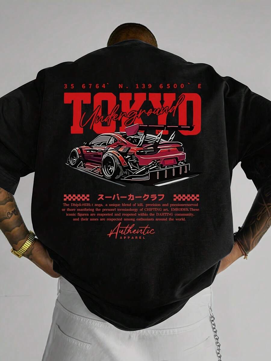 Men's Racing Car Graphic Back Print - Black With Red Japanese Text - Lightweight Summer Shirt - Machine Washable Casual Automotive Tee - Black - View 1