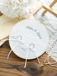 Takeoak 1pc Customized Lace Wedding Ring Pillow, Personalized Ring Holder With Name And Date Engraving, Pearl Bowknot, Rustic Elegant Round Ring Cushion, Multi-Layer Ring Display, Romantic Bridal Ceremony Decor, Engagement Anniversary Gift, Wedding Accessory - Multicolor - View 14