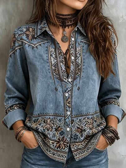 Women's Bohemian Floral Embroidered Denim Shirt, Long Sleeve Lapel Top, Suitable For Autumn Wear, Long Woven Fabric Top, Unique Details