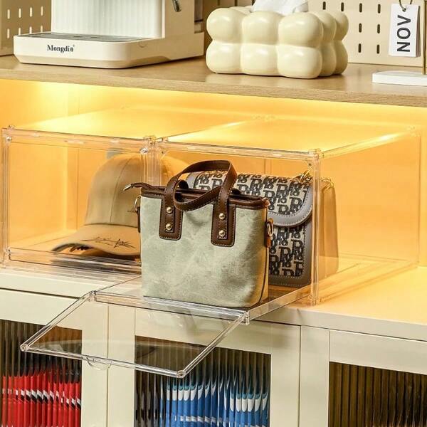 Stackable Clear Handbag Display Case For Closet With Drawers, Acrylic Box Display Case Showcase With Magnetic Door, Plastic Storage Bins Storage Drawers Containers For Organizing