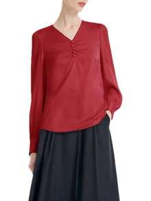 Blusa formal de manga larga con pliegues de seda con cuello en V, manga abullonada para mujer - Pnnrk - Ver 12