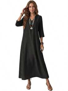 Genérico Vestido Largo de Lino de Algodón para Mujer,Manga 3/4,Vestido de Moda con Cremallera Trasera,Vestidos Largo Casual,para Playa,Invitado - Blanco - Ver 8