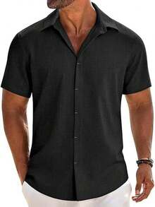 Camisas Hombre Casuales Manga Corta - con Botones Ocultos Tejido Fresco Y Transpirable para Playa Uso Diario Vacaciones Reuniones Ocio - azul claro - Ver 9