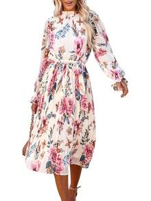 ANRABESS - Vestido midi floral para mujer, manga larga, con volantes, de gasa, acampanado, plisado, con cinturón, vestido de fiesta para té - Rosa nariz roja - Ver 12