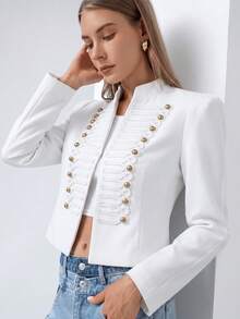 HZXVIC 女款新款復古優雅修身正式辦公外套，誇張肩部設計與假鈕扣設計 白色 - 白色 - 查看 7