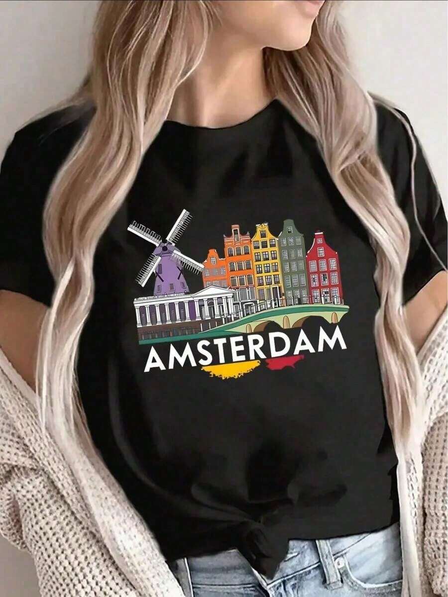 Women's Clothing. Women's Summer Shirt With Amsterdam Windmill And Cityscape Designs, Ideal For Casual Outings, Travel, Lounging At Home, Or Dinners. It Has A Lightweight Structure. - 黑色 - 查看 1