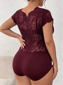 Lace Deep V-Neck Short Sleeve Sheer Bodysuit, Made Of Slightly Stretchy Fabric, Sexy Women's Lace Bodysuit For Spring And Summer - Burgundy - View 3