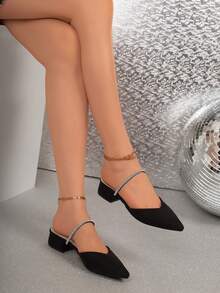 Spring/Summer New Women's Closed-Toe Half-Slingback Sandals, Chunky Mid-Heel Pointed Toe Rhinestone French Style Backless Outdoor Sandals - Black - View 2