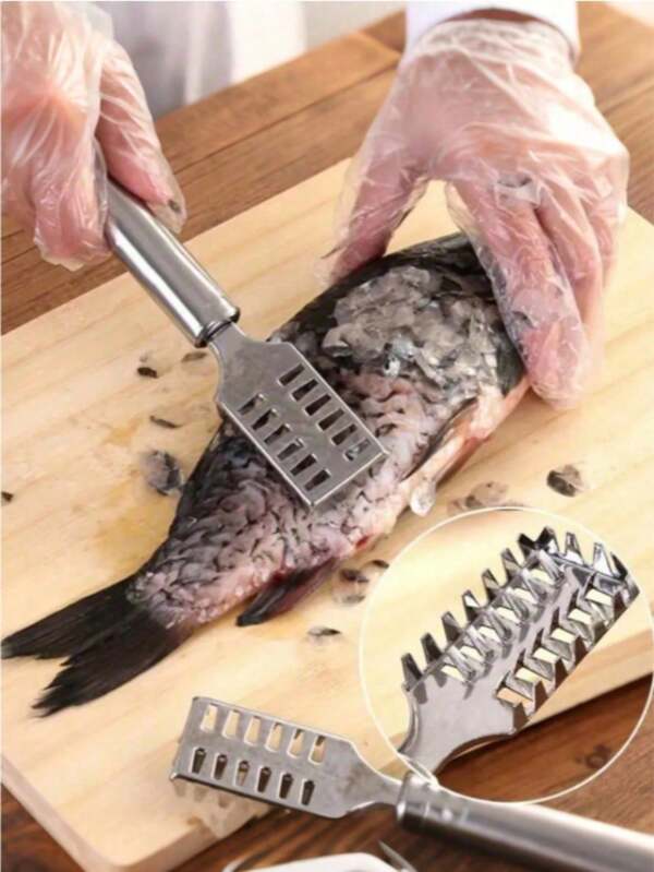 1pc Stainless Steel Fish Scale Scraper, Sharp Blade Quickly Removes Fish Scales, Brush Design Cleans Residue, Non-Slip Handle Grip, Compact And Portable, Efficient Kitchen Tool For Fish Processing, Random Color