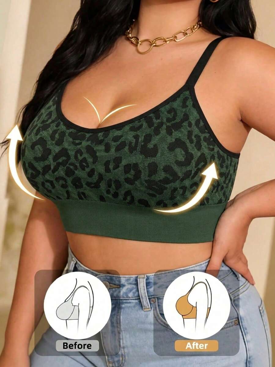 1pc Women's Plus Size Wireless Bra Top, Leopard Print Seamless Full Coverage Bra, Adjustable Wide Strap Anti-Slip Back Support, Medium Elasticity Shaping Bra, Suitable For Casual, Wedding Party And Halloween Occasions - Green - View 1