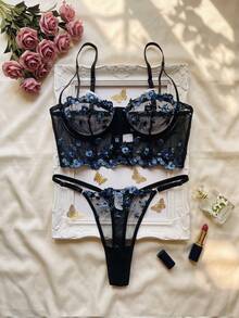 Women's Lingerie Set Embroidered Mesh Semi-Sheer Push-Up Bra And Thong, Girly Style, Party Wear, Valentine's Day Gift, Daily Outfit - Black - View 7