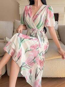 Vestido de mujer elegante de longitud media con cuello en V, mangas abullonadas, cinturón y volantes en el bajo, vestido de invitada de boda de verano - Rosa - Ver 8