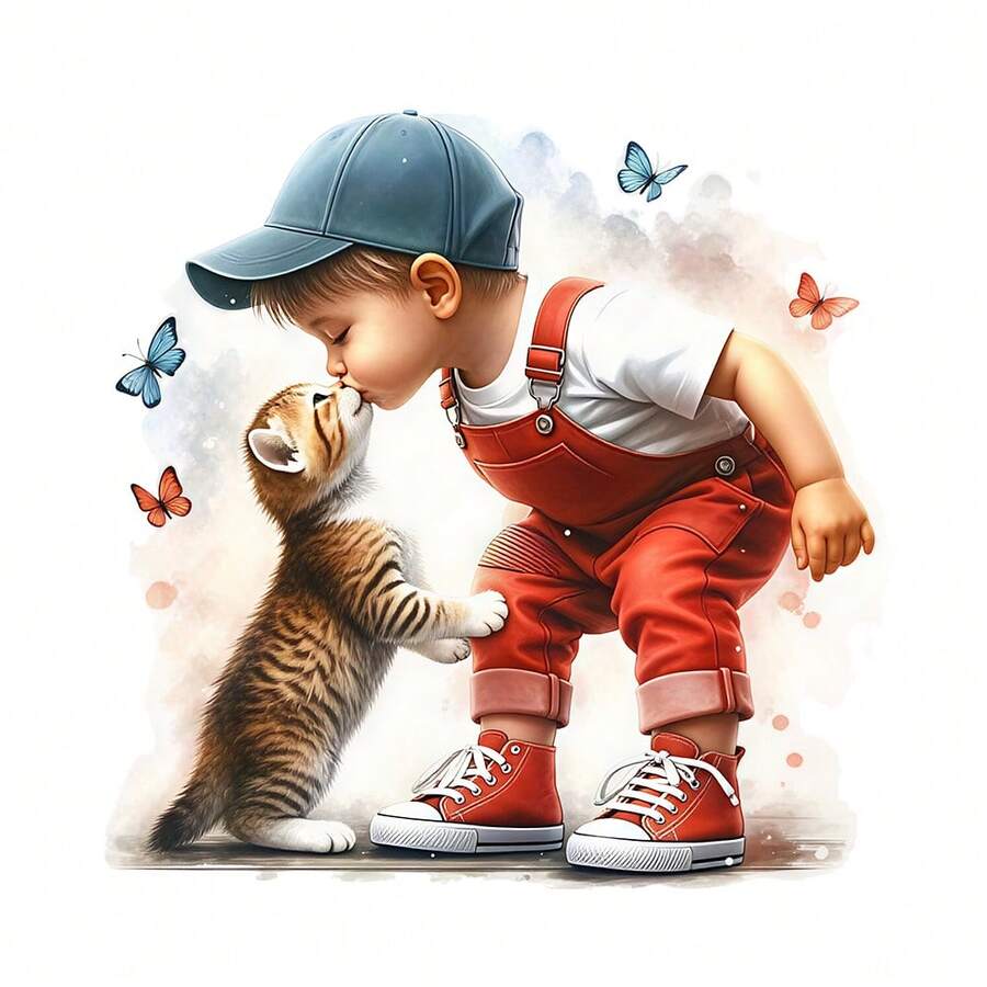 1/2/3PCS Cute Young Boy And Cat Design Pattern Heat Transfer, Vinyl Print, Heat Transfer Sticker, Iron-On Transfer Iron-On Sticker Decal - Iron-On Suitable For Throw Pillows, DIY, Backpacks, T-Shirts, Canvas Bags, Sweatshirts, Jeans, T-Shirts, Clothing, Sewing Supplies