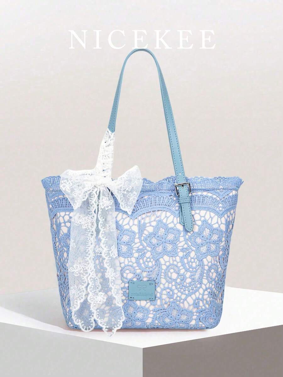 Bolso tote de encaje calado gran capacidad asa de piel regulable lazo de encaje desmontable varios colores mujer diario playa viaje vacaciones regalo - Gris Claro - Ver 1