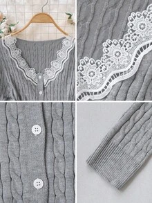 Women's Grey Cable Knit Cardigan, V-Neck Single-Breasted Short Slim Fit Long Sleeve Top, Fluffy Sweater, Korean Style, Ins Style Fall - Grey - View 9