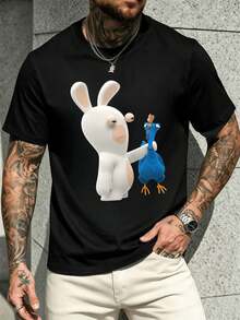 Camiseta de hombre con estampado de conejo divertido, estilo hip-hop urbano, transpirable, dise?o gráfico. - Negro - Ver 2