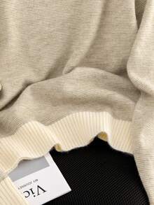 Women's Color Block Striped Horn Button Turn Collar Sweater, French Vintage Slouchy Pullover Knit Top, Autumn/Winter - Apricot - View 5