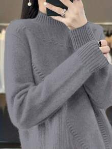 大尺碼素色高領針織毛衣長袖休閒套頭優雅保暖上衣，適合春冬季日常穿著與度假 - 灰色 - 查看 3